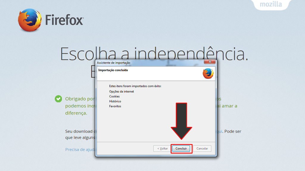 importação concluida do Mozilla Firefox