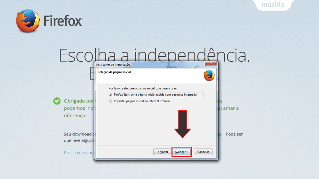 seleção da pagina inicial do Mozilla Firefox