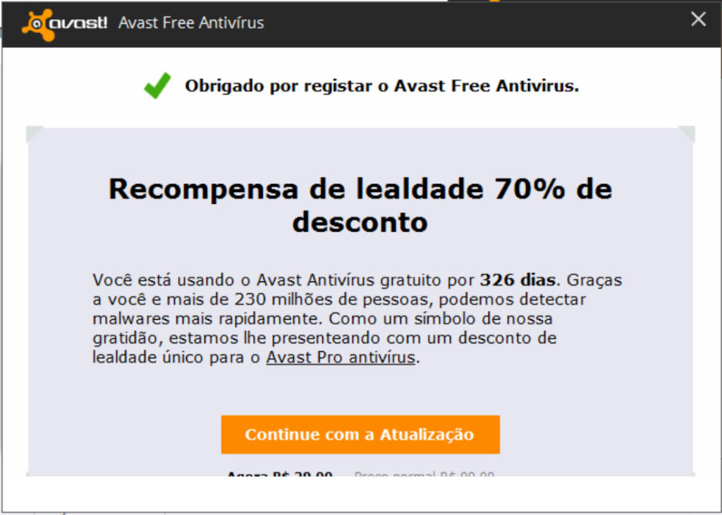 Obrigado por registrar o Avast Free Antivírus.