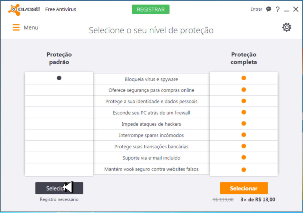 Proteção padrão do Avast Free Antivírus!